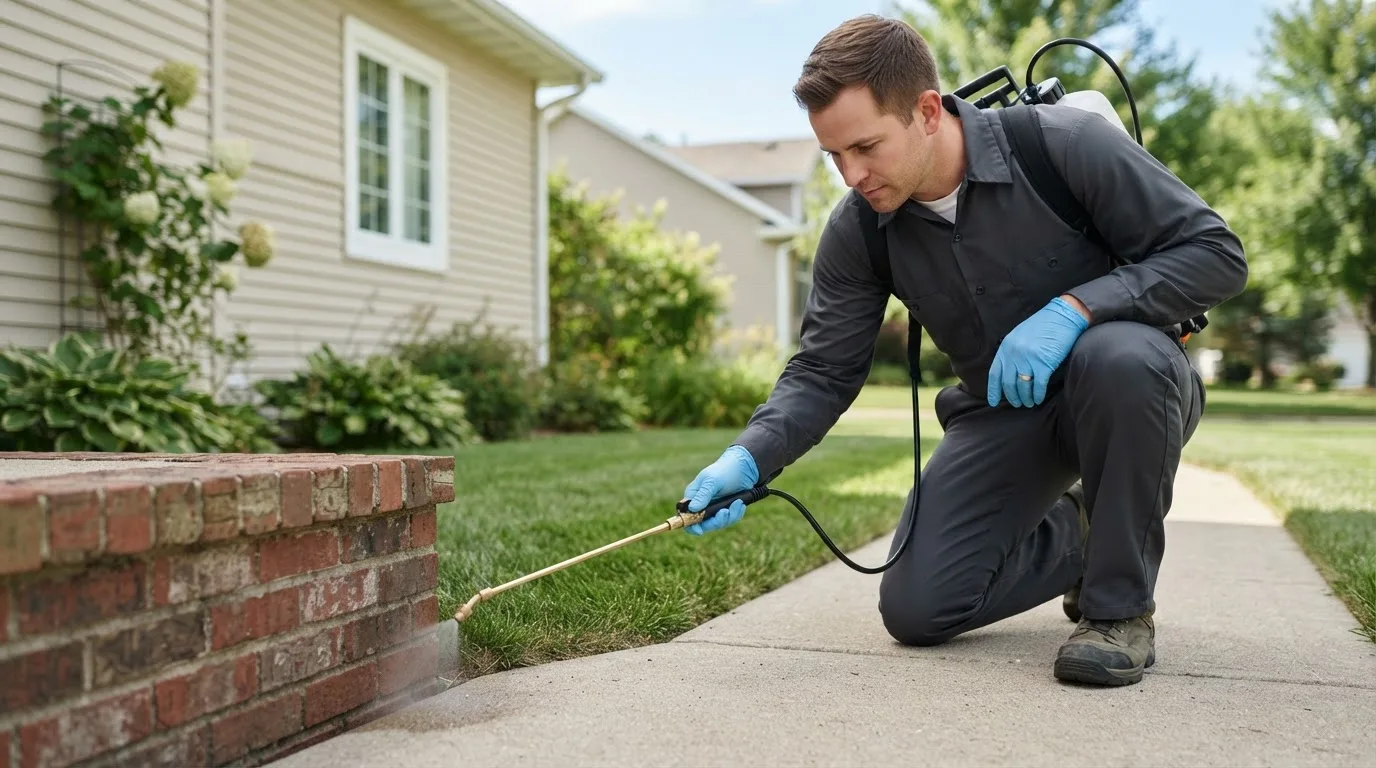 Pest control technician treating a home near Gibsonville, NC