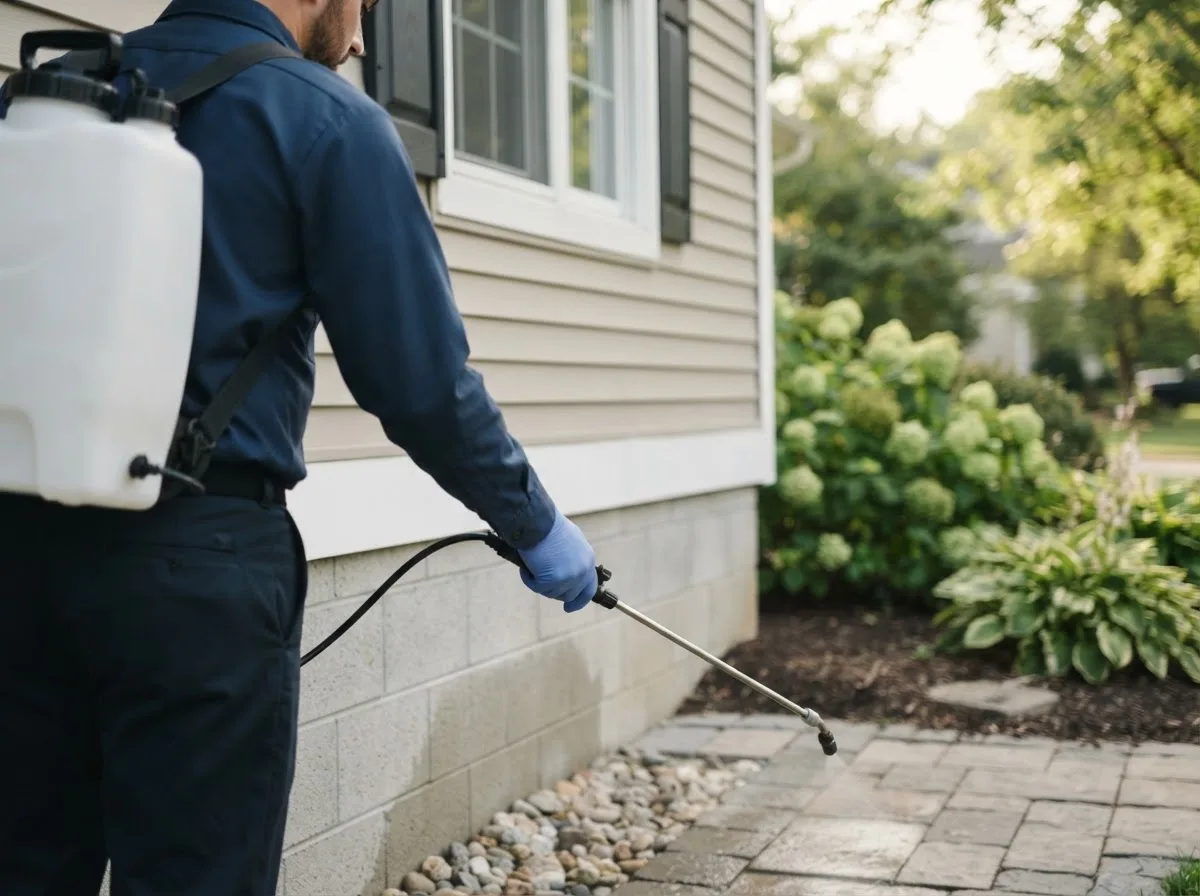 Pest control technician inspecting a home in Gibsonville, NC